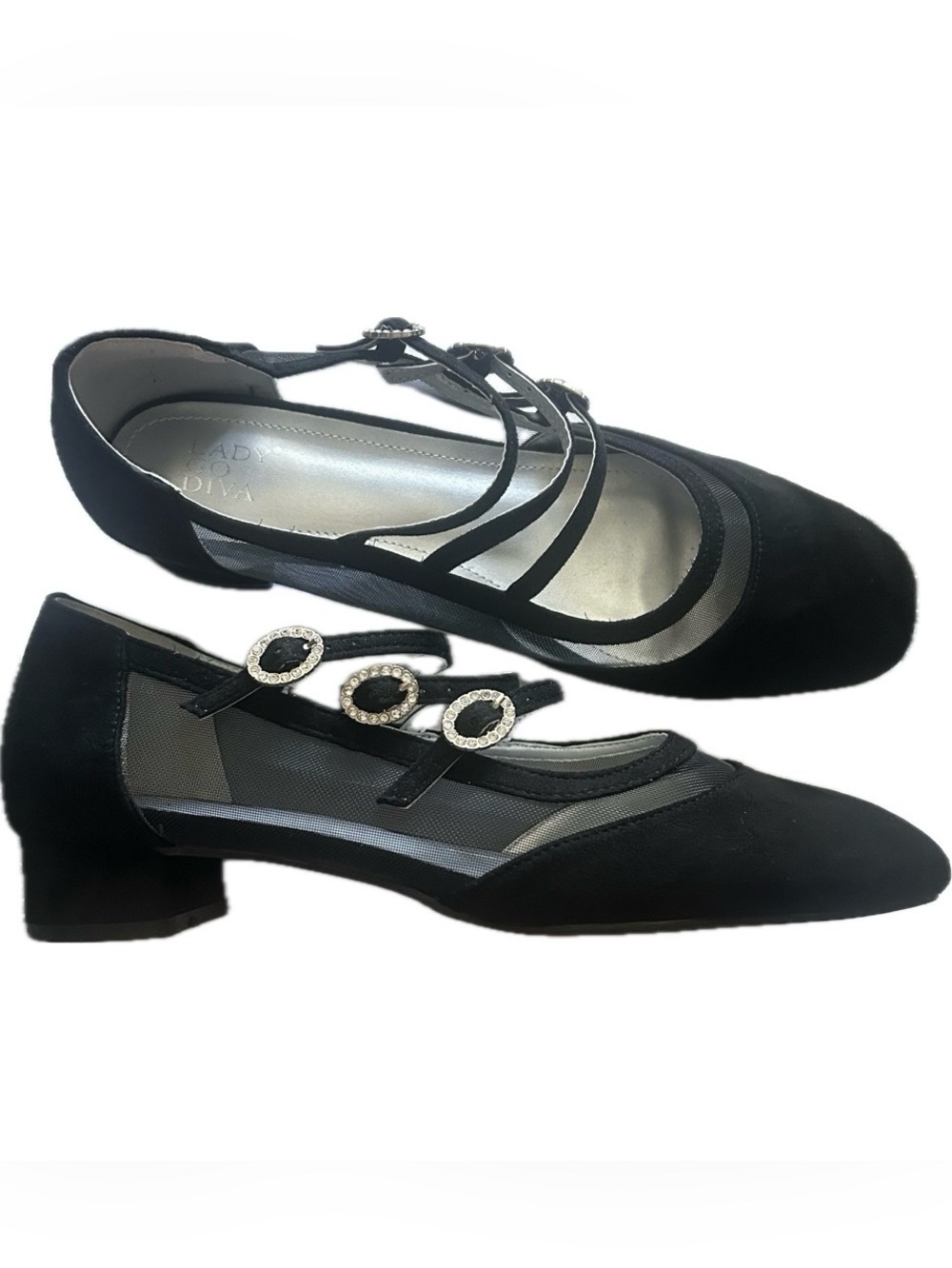 🆕 Lady Godiva Sz 10 Triple Strap Rhinestone Black Faux Suede Mesh Mary Jane’s